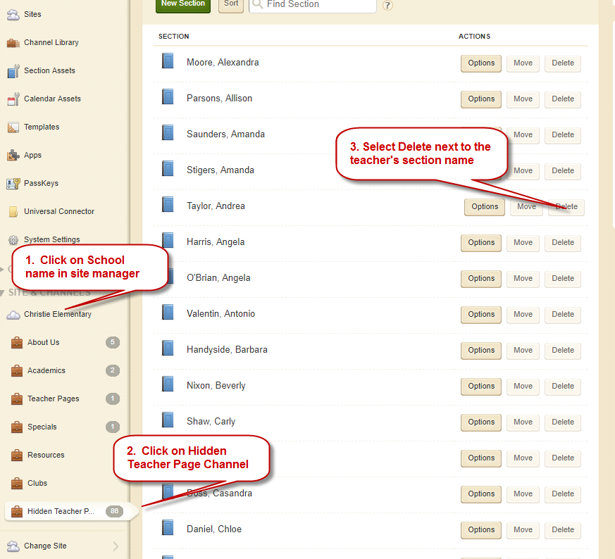 delete Teacher Page Screen shot 
